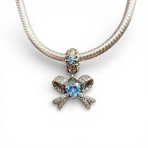 Blue Heart Bow Pavé S925 Sterling Silver Pandora Moments Compatible Dangle Charm
